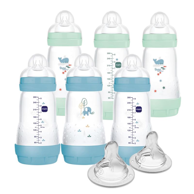Photo 1 of MAM 9oz Easy Start Anti-Colic Baby Bottles, Medium Flow with 2X Bonus Nipples (Fast and Extra Fast Flow), Reduces Colic, Gas, & Reflux, Easy-to-Clean, BPA-Free, 2 Plus Months