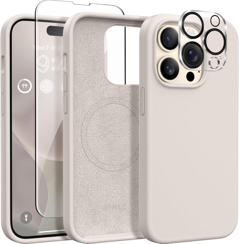 Photo 1 of GONEZ for iPhone 14 Pro Case, Compatible with Magsafe, with Screen Protector + Camera Lens Protector, Soft Anti-Scratch Microfiber Lining, Shockproof Liquid Silicone Phone Cover, Stone