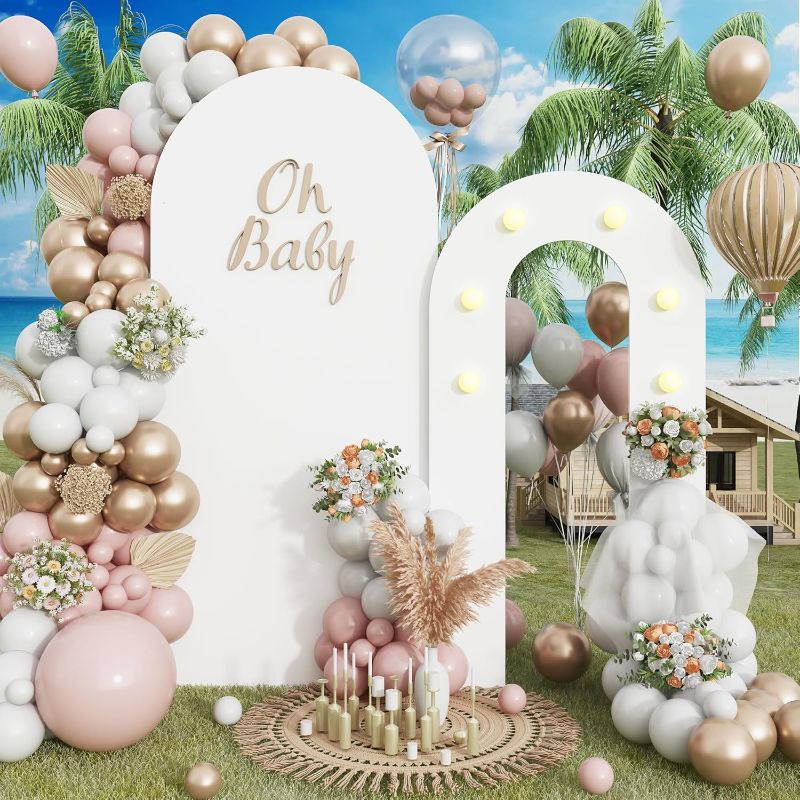 Photo 1 of 3-in-1 Outdoor Arch Backdrop Stand, 6.2FT+5.5FT Wedding Backdrop Arch Stand Cover with Lights 2 Set Round Top Arch Photo Booth Background Frame for Birthday Baby Shower Halloween Christmas Party Decor