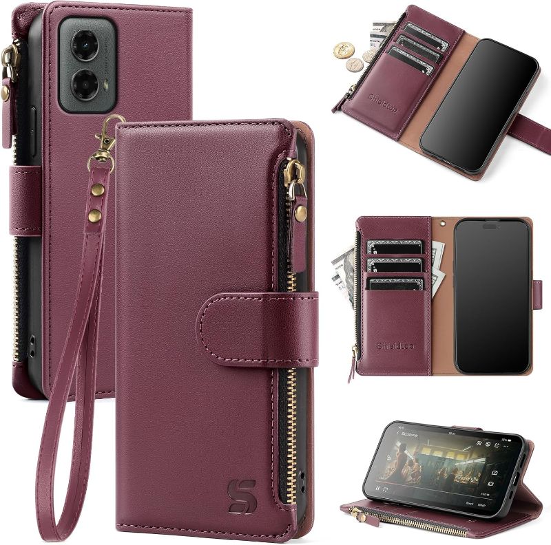 Photo 1 of Compatible with Motorola Moto G 5G 2024 Wallet Case with Card Holder,Women Men RFID Blocking PU Leather Flip Cover Wrist Strap Zipper Credit Card Slots,Phone Case for Moto G 5G 2024,Wine Red