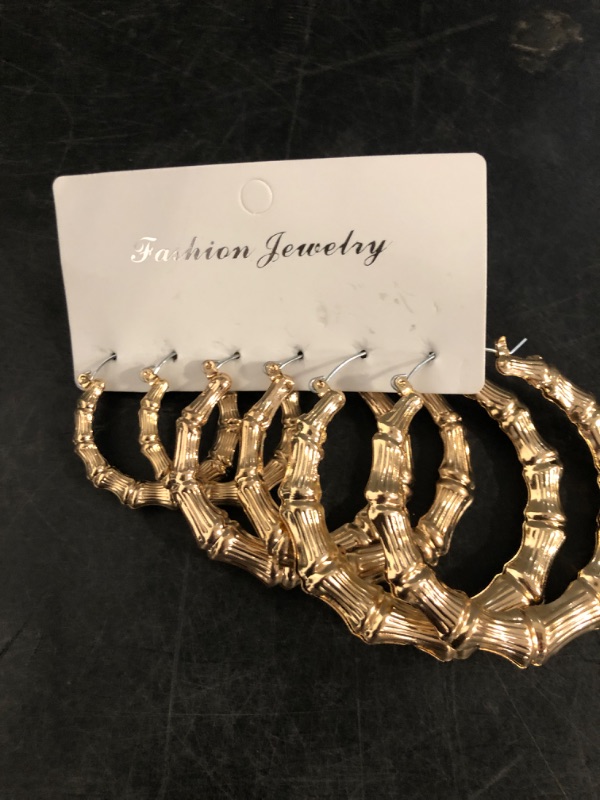 Photo 1 of Bamboo Earrings 90s Outfits for Women Large Gold Bamboo Hoop Earrings 80s 90s Earring Jewelry Hip Hop Party Costum Accessories Gifts