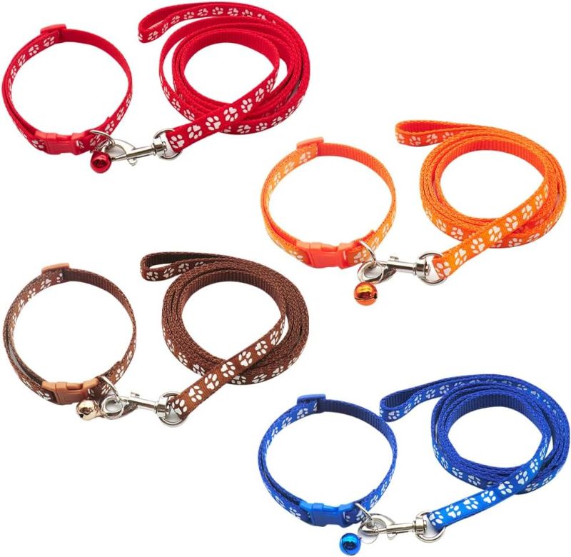 Photo 1 of 4 Sets Pet Collar and Leash Sets Dog Collars and Leashes Cute Puppy Collars Adjustable Cat Collars Quick Release Collars Kitten Buckle Collars with Buckles and Bells Dog Lead Ropes