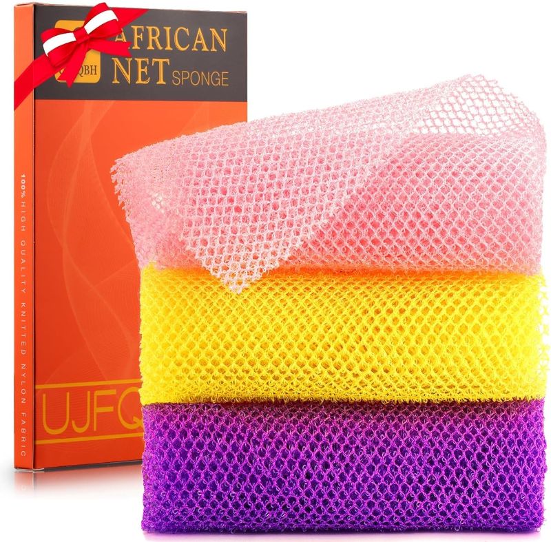 Photo 1 of UJFQBH 3 Pieces African Bath Sponge African Net Long Net Bath Sponge Exfoliating Shower Body Scrubber Back Scrubber Skin Smoother,Great for Daily Use (Pink,Yellow,Purple)