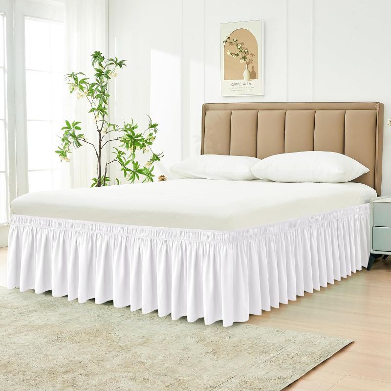 Photo 1 of Biscaynebay Wrap Around Bed Skirts for Queen Beds 15" Drop, White Adjustable Elastic Dust Ruffles Easy Fit Wrinkle & Fade Resistant Silky Luxurious Fabric Machine Washable