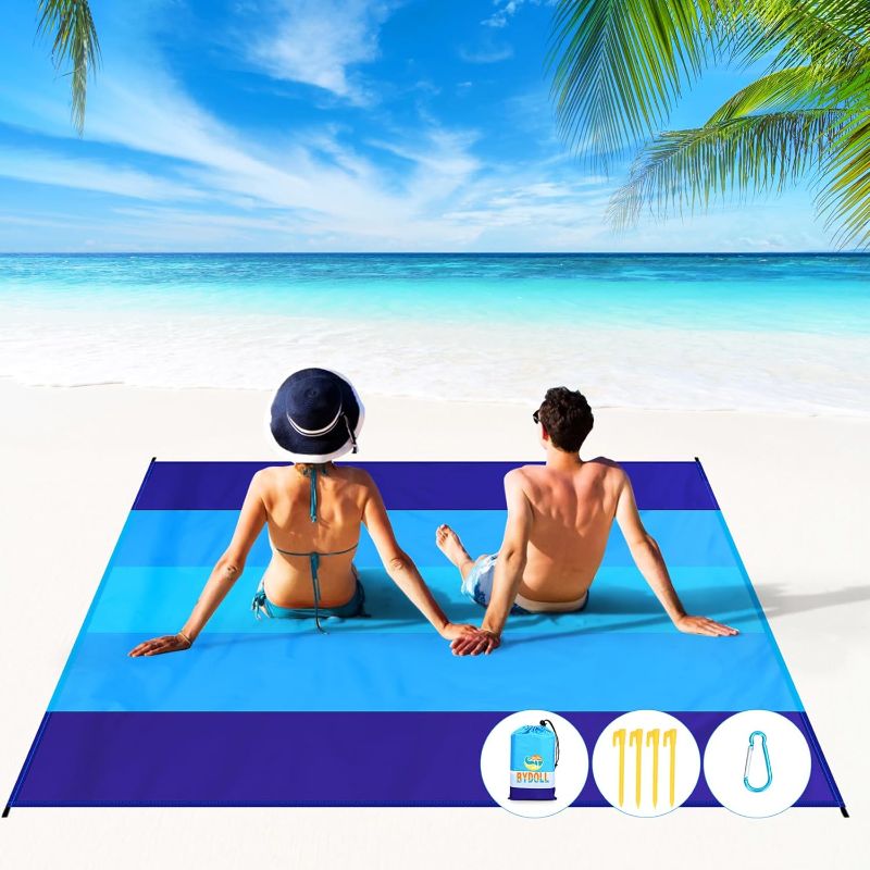 Photo 1 of BYDOLL Beach Blanket Waterproof Sandproof Large Sand Free 78''X81''/10'X9' Big Lightweight Blanket Picnic Mat for Beach Travel Camping Hiking Picnic with Stakes