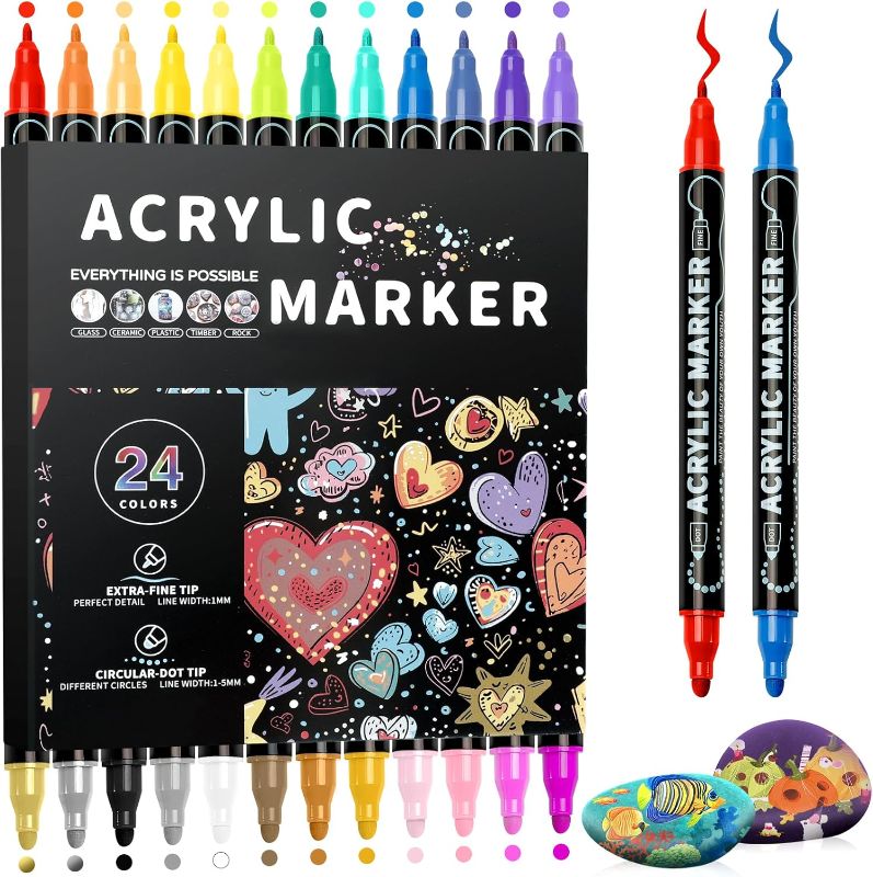 Photo 1 of Acrylic Paint Pens, 24 Colours Fine & Dot Dual Tip Paint Markers for Rock, Wood, Canvas, Calligraphy, DIY-Christmas Crafts