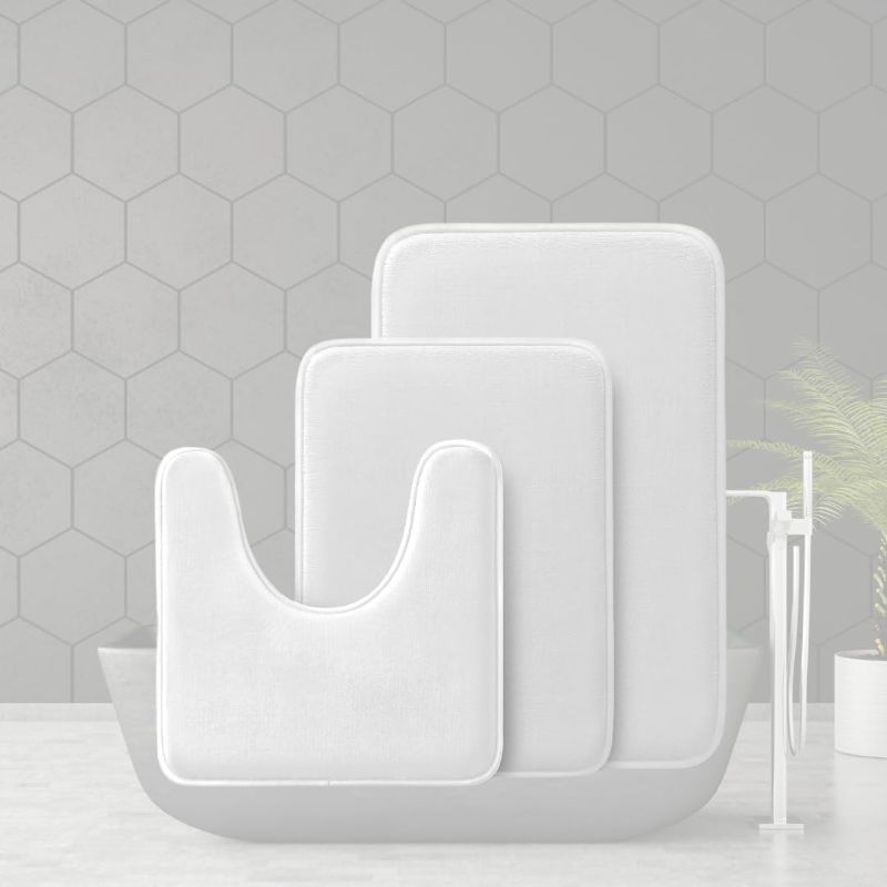 Photo 1 of HOMES&STYLE 3 Piece Memory Foam Bath Mat Set, Non Slip, Absorbent & Quick Dry, Ultra Soft Rugs for Modern Bathroom (White)