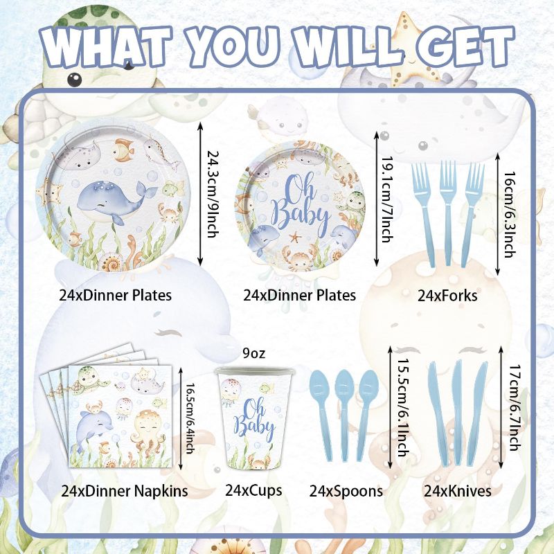Photo 1 of 168 Pcs Under The Sea Baby Shower Supplies Paper Plates Napkins Set Including Plates, Napkins, Cups, Knives, Forks, Spoons for Party Supplies