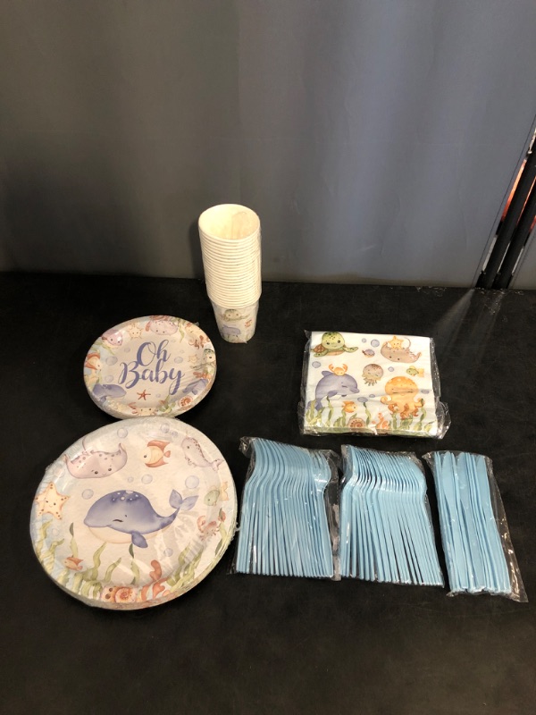 Photo 1 of 168 Pcs Under The Sea Baby Shower Supplies Paper Plates Napkins Set Including Plates, Napkins, Cups, Knives, Forks, Spoons for Party Supplies
