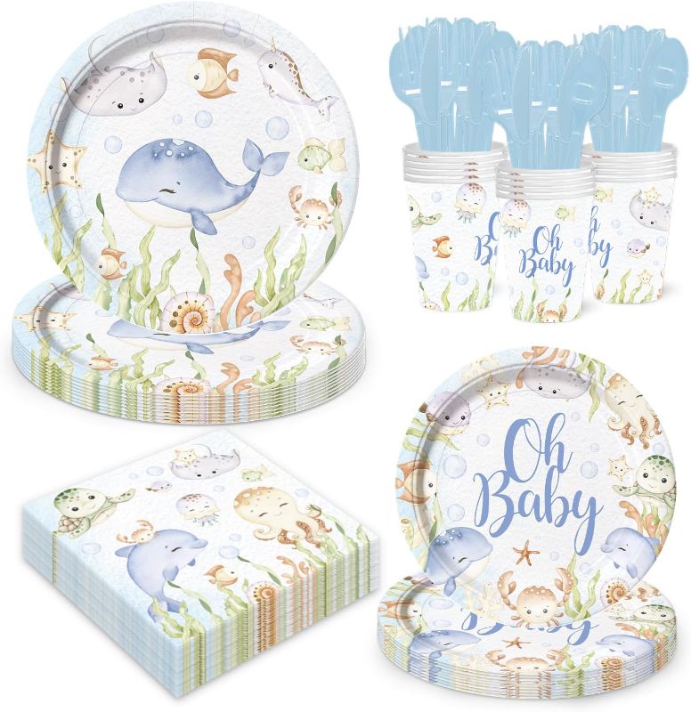Photo 1 of 168 Pcs Under The Sea Baby Shower Supplies Paper Plates Napkins Set Including Plates, Napkins, Cups, Knives, Forks, Spoons for Party Supplies