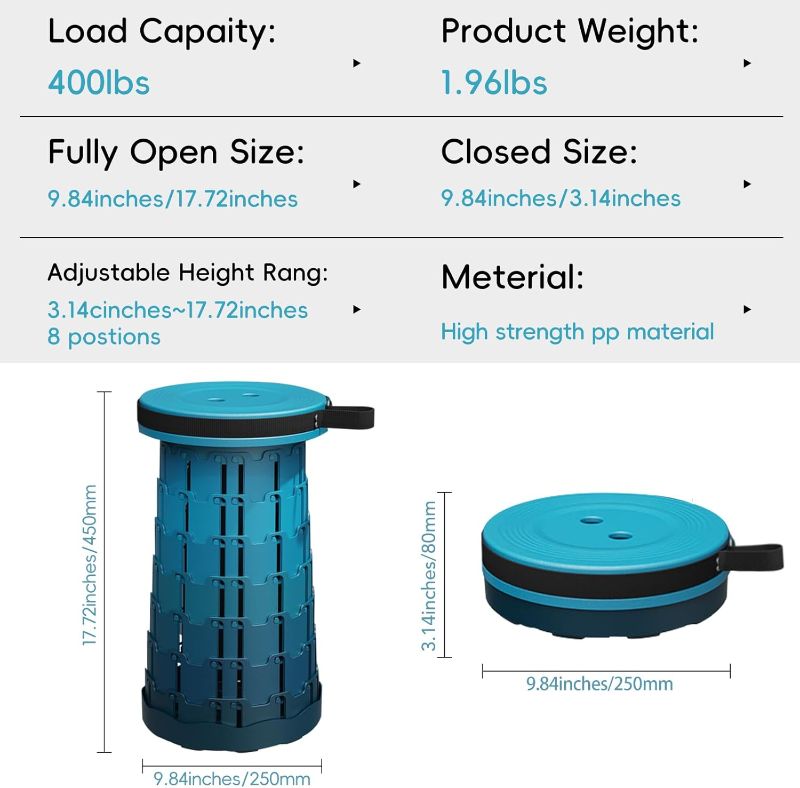 Photo 1 of Upgraded Collapsible Stool, 400lbs Max Load. Portable Retractable Folding Telescoping Stool for Camping, Fishing, Hiking & Travel
