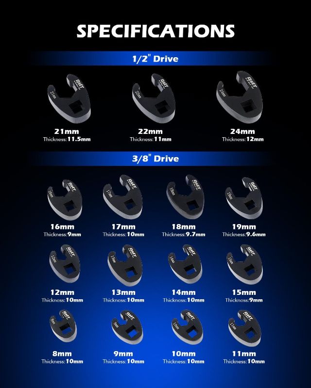 Photo 1 of Orion Motor Tech Crowfoot Wrench Set for 8 to 24 mm Flare Nuts, Crowfoot Flare Nut Tool Kit, 15 Piece Large & Small Metric Wrench Set for 3/8" and 1/2" Drives Ratchets Extenders for Nut Removal