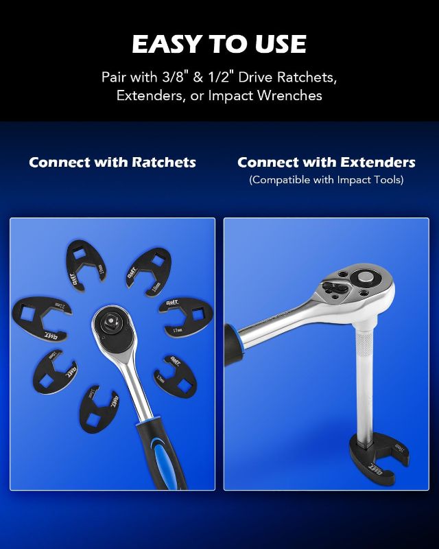 Photo 1 of Orion Motor Tech Crowfoot Wrench Set for 8 to 24 mm Flare Nuts, Crowfoot Flare Nut Tool Kit, 15 Piece Large & Small Metric Wrench Set for 3/8" and 1/2" Drives Ratchets Extenders for Nut Removal