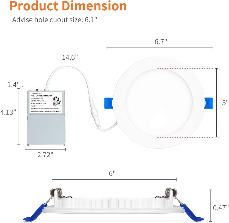 Photo 1 of 4 Pack 6 Inch LED Recessed Ceiling Light, 2700K/3000K/3500K/4000K/5000K Selectable, Dimmable 12W=110W, 1050LM, 