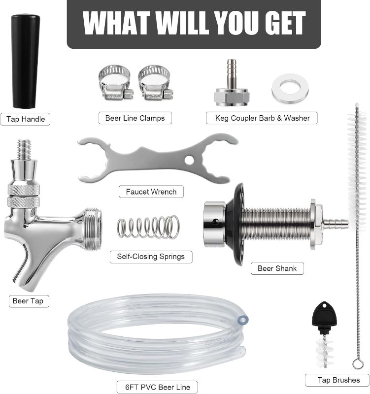 Photo 1 of Hilangsan Draft Beer Line Shank Faucet Kit 3” Beer Faucet Shank Self-Closing Beer Tap Faucet Kegerator Parts Wrench 6ft 3/16” Beer Line Tubing Barb...
