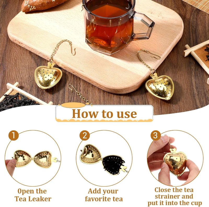 Photo 1 of 50 Pcs Tea Strainer Stainless Steel Tea Infuser Mesh Heart Shaped Tea Strainer with Extended Chain Hook Tea Interval Diffuser Tea Filters for Seasonings Cup Bottle, Gold