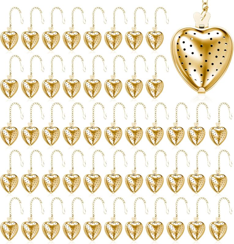 Photo 1 of 50 Pcs Tea Strainer Stainless Steel Tea Infuser Mesh Heart Shaped Tea Strainer with Extended Chain Hook Tea Interval Diffuser Tea Filters for Seasonings Cup Bottle, Gold
