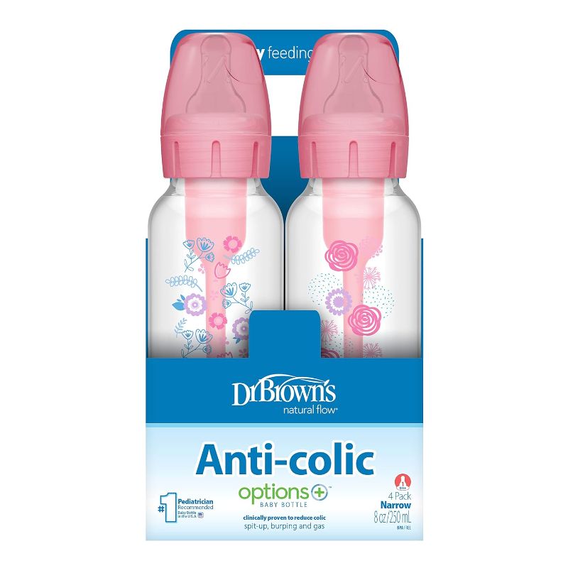 Photo 1 of Dr. Brown's Natural Flow Anti-Colic Options+ Narrow Baby Bottle, Pink Floral, 8 oz/250 mL, with Level 1 Slow Flow Nipples
