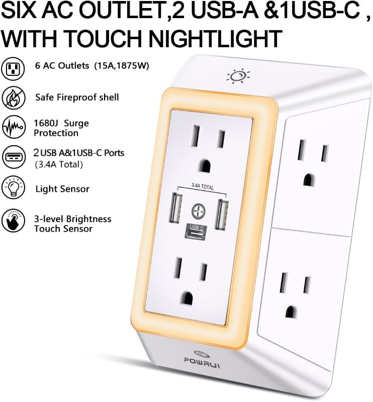 Photo 1 of Multi Plug 6 Outlet Surge Protector Extender with 3 USB Ports 