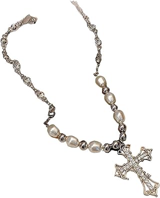 Photo 1 of Retro Diamond Inlaid Pearl Pendant Necklace Punk Hip Hop Simple Cool Cross Chain Exquisite Temperament Party Jewelry Gifts Fashion Accessories Creative Gift