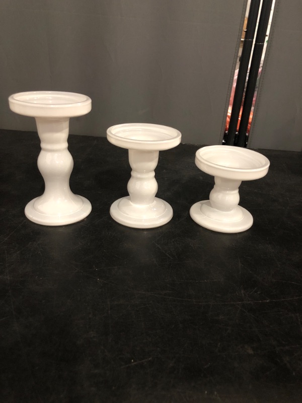 Photo 1 of BTGLLAS 3-Piece Set of White Glass Candlestick, Crystal Candlestick Holder Holder and Conical Candle, Christmas Candle Holder Decoration, Family Living Room Wedding Candle Holder (white1set)
