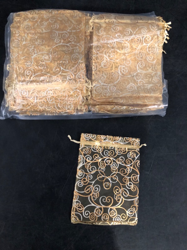 Photo 1 of Staruby Organza Gift Bags 100Pcs Gold Sheer Organza Bag 5x7 Inch Mesh Favor Bags Drawstring Jewelry Rattan Printed Gift Pouches for Wedding Party Favors Couple Shower Christmas Gifts Candy Bags