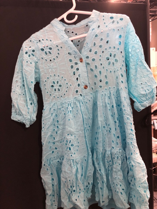 Photo 1 of (XS) yoeasy Women's Eyelet V Neck Hollow Out Embroidery Lace Dress 3/4 Sleeve Solid Color Tiered Midi Dress (XS)