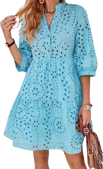 Photo 1 of (XS) yoeasy Women's Eyelet V Neck Hollow Out Embroidery Lace Dress 3/4 Sleeve Solid Color Tiered Midi Dress (XS)