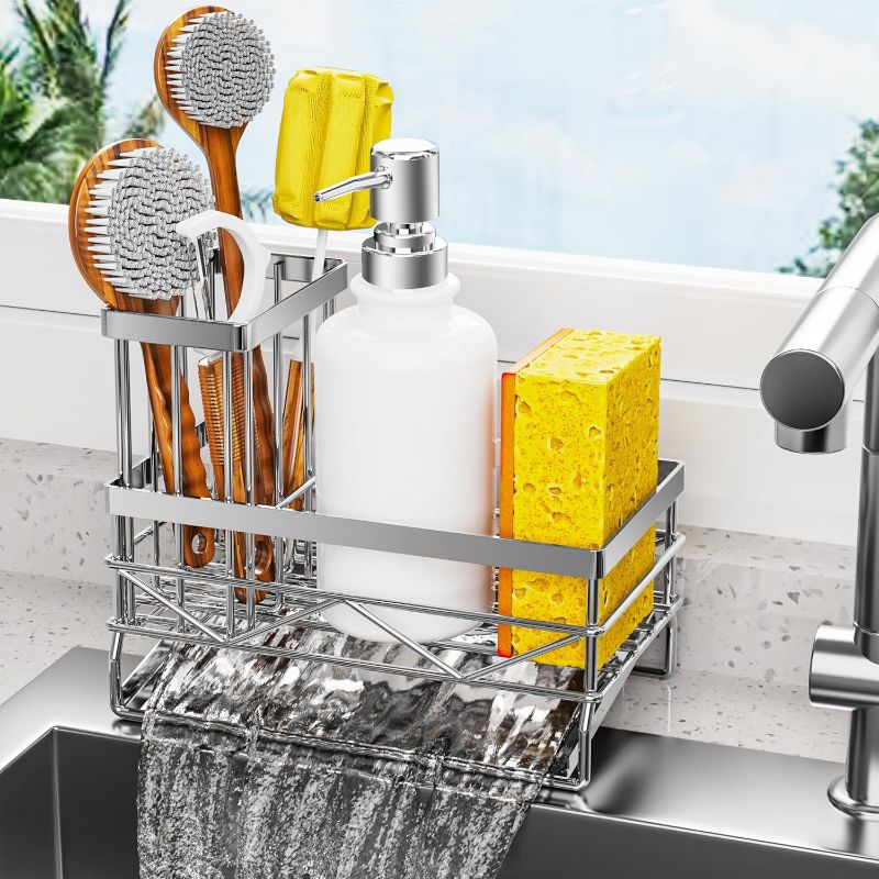Photo 1 of Sink Caddy Sponge Holder with Brush Holder and Stainless Steel Self Drain Tray, Rustproof Kitchen Sink Organizer for Sponge and Soap Dispenser Storage (Silver, Small)
