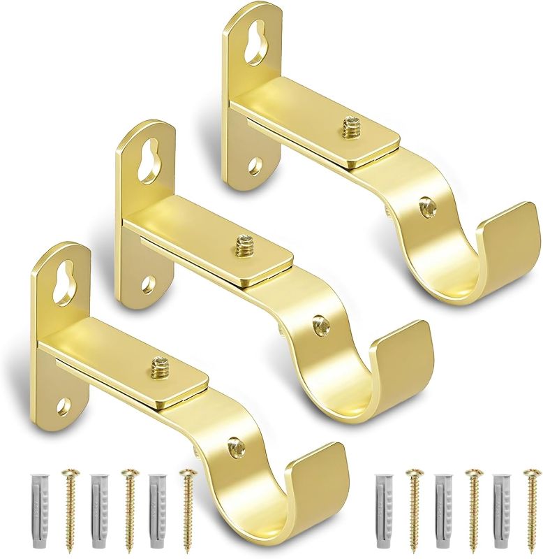 Photo 1 of Adjustable Curtain Rod Brackets, Metal Window Drapery Rod Hanger Holders Hooks for 1 inch Rods (Warm Gold, Set of 3)