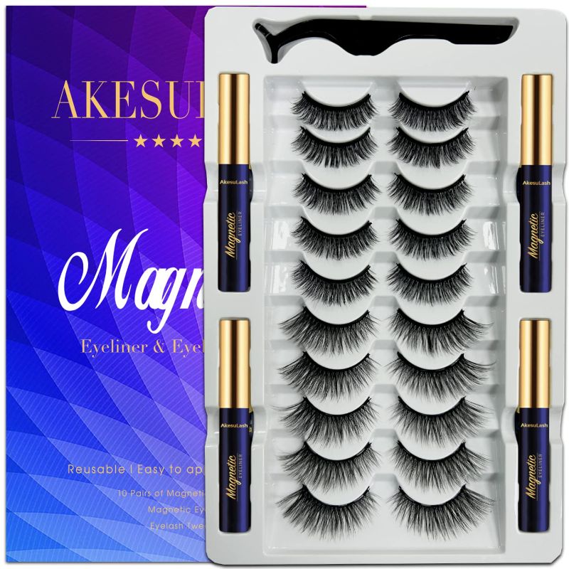Photo 1 of 3D Magnetic Eyelashes with Eyeliner Kit- 10 Pairs Magnetic Lashes Kit with Applicator,Updated 4 Tubes of Magnetic Liner & Natural Look, Reusable, Easy to Apply