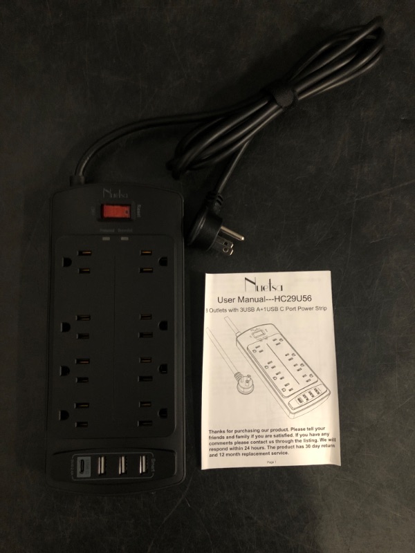 Photo 1 of 10 Feet Surge Protector Power Strip - Nuetsa Extension Cord(1625W/13A) with 8 Outlets and 4 USB Ports, Flat Plug, 2700 Joules, for Home, School, College Dorm Room, and Office, ETL Listed, Black