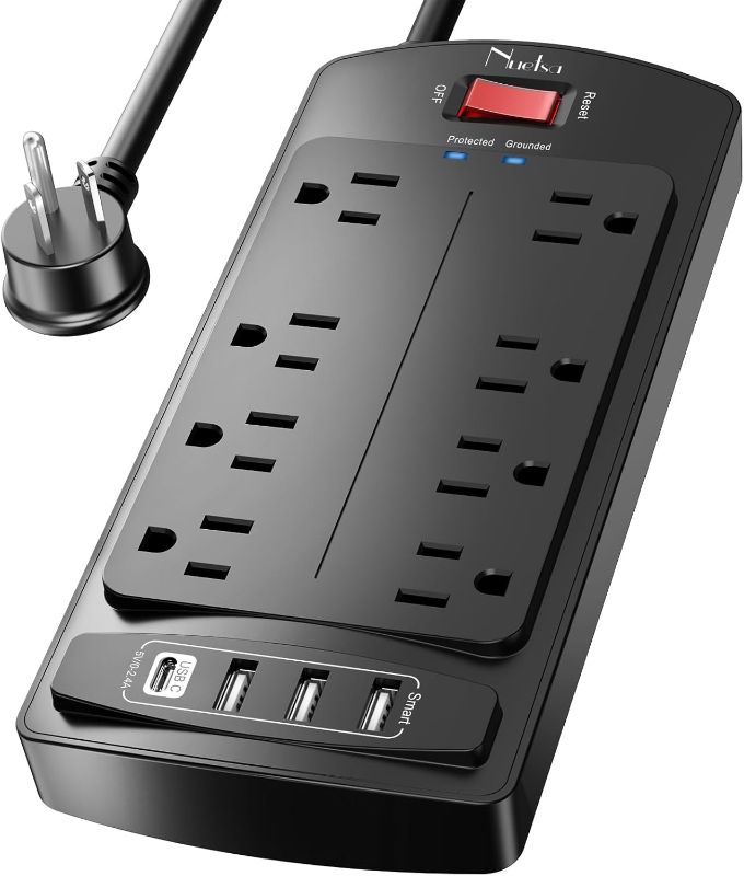 Photo 1 of 10 Feet Surge Protector Power Strip - Nuetsa Extension Cord(1625W/13A) with 8 Outlets and 4 USB Ports, Flat Plug, 2700 Joules, for Home, School, College Dorm Room, and Office, ETL Listed, Black