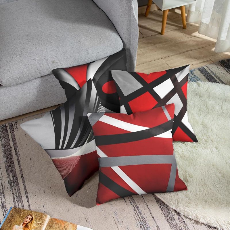 Photo 1 of Emvency Set of 4 Throw Pillow Covers Modern Abstract Red Stripes Gray Black White Acrylic Bold Grey Decorative Pillow Cases Home Decor Square 26x26 Inches Pillowcases