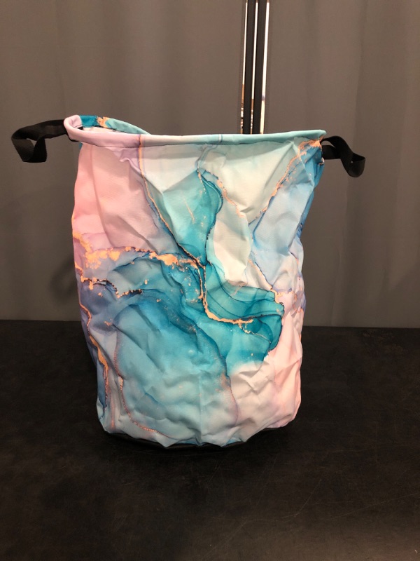 Photo 1 of Blue Pink Marble Laundry Basket Hamper with Handles, Abstract Cracked Veins Crystal Texture Waterproof Laundry Bin Foldable Clothes Basket for Storage Clothing 13.8x17 Inch