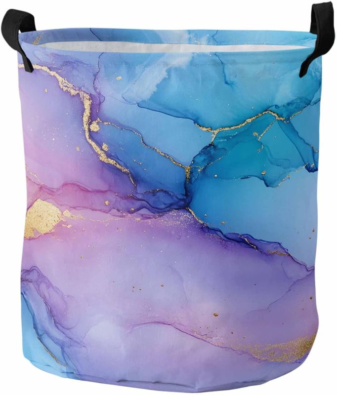 Photo 1 of Blue Pink Marble Laundry Basket Hamper with Handles, Abstract Cracked Veins Crystal Texture Waterproof Laundry Bin Foldable Clothes Basket for Storage Clothing 13.8x17 Inch