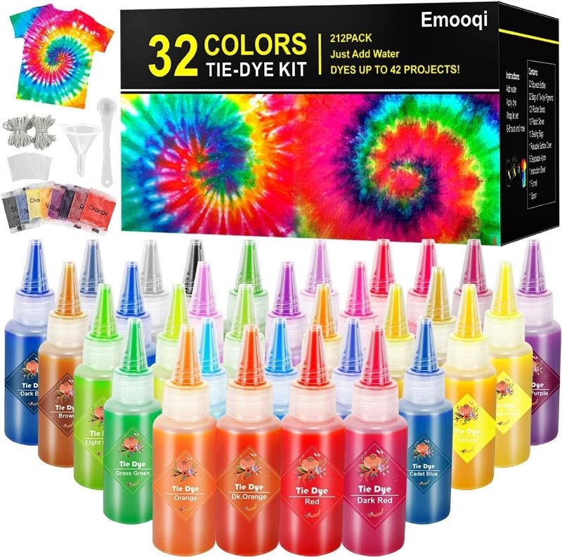 Photo 1 of DIY Tie Dye Kits, Emooqi 32 Colours All-in-1 Tie Dye Set Contain 32 Bag Pigments, Rubber Bands, Gloves, Sealed Bag, Apron and Table Covers for Craft Arts Fabric Textile Party DIY Handmade Project