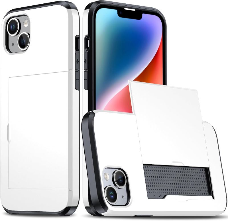 Photo 1 of SORAKA Case for iPhone 15 Plus with Card Holder Wallet Case Armor iPhone 15 Plus Case PC TPU Dual Layer Bumper case Shockproof Cover White