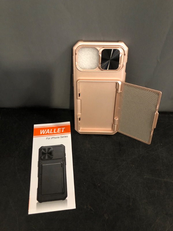 Photo 1 of for iPhone 15, iPhone 14, iPhone 13 Wallet Case with Card Holder(4-5 Cards), Slide Camera Cover, Military Drop Protection & RFID Block, Women Girly Men Phone Case for iPhone 15/14/13, Rose Gold