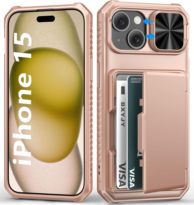 Photo 1 of for iPhone 15, iPhone 14, iPhone 13 Wallet Case with Card Holder(4-5 Cards), Slide Camera Cover, Military Drop Protection & RFID Block, Women Girly Men Phone Case for iPhone 15/14/13, Rose Gold