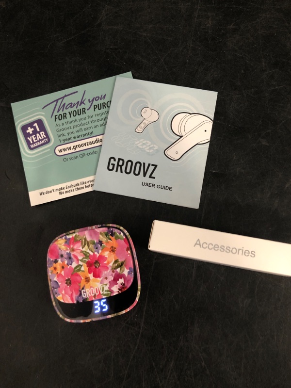 Photo 1 of Groovz True Wireless Earbuds with Charging Case - Designed and Engineered in The USA - IPx4 Water Resistant Bluetooth Earbuds Compatible with Apple and Android - 27Hrs Battery Life - Floral