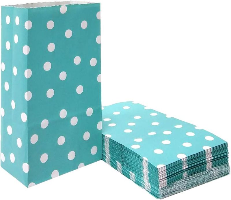 Photo 1 of ADIDO EVA 100 Pcs Teal Blue Polka Dot Paper Lunch Bags - 5.1 x 3.1 x 9.4 in - Perfect for Snack, Nuts, Goodies, Treats - Ideal for Kids' Birthday & Wedding Parties