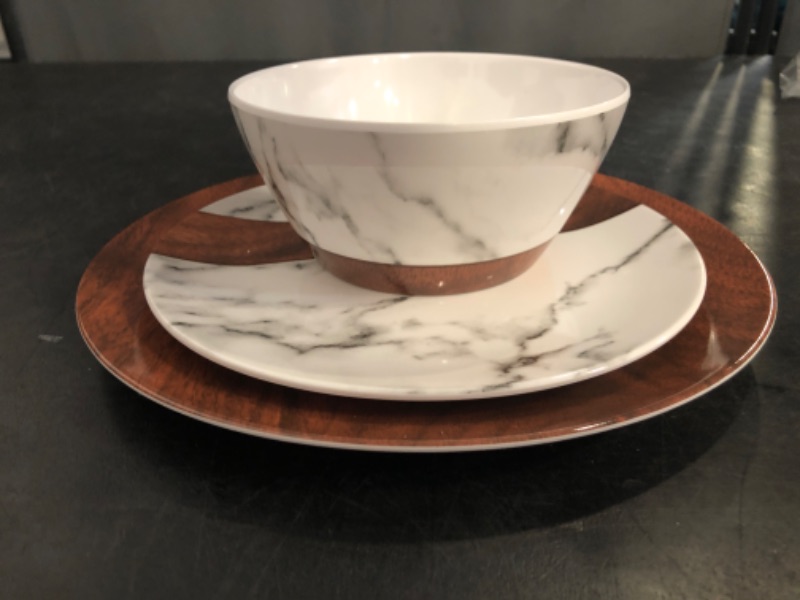 Photo 1 of LEHAHA Rustic Modern Melamine Dinnerware Sets, Marble 12-Piece Lightweight Outdoor Plates and Bowls Sets, Unbreakable Wood Patterns Dishes Dinnerware Set, Service for 4…