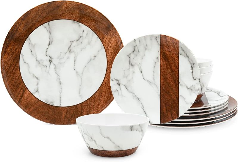 Photo 1 of LEHAHA Rustic Modern Melamine Dinnerware Sets, Marble 12-Piece Lightweight Outdoor Plates and Bowls Sets, Unbreakable Wood Patterns Dishes Dinnerware Set, Service for 4…