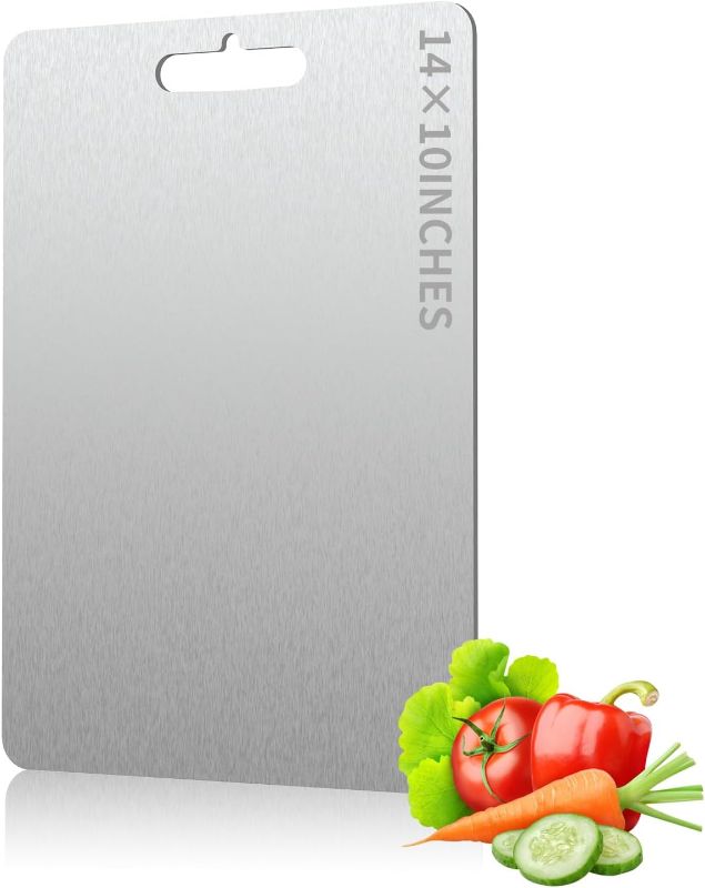 Photo 1 of Titanium Cutting Board, Titanium Cutting Boards for Kitchen Double-Sided Stainless Steel Cutting Board Durable Non Toxic Food-Grade Chopping Board for Meat Vegetable Fruit (14"L x 10"W)