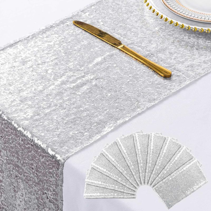 Photo 1 of ShinyBeauty 10 Pieces-12 x108 Silver-Sequin Table Runner Wedding Party Catering Event (Silver)