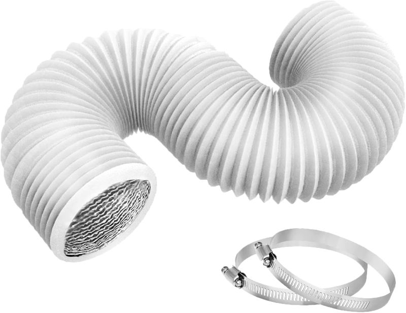 Photo 1 of 4 Inch 8ft Dryer Vent Hose, Flexible Insulated Air Ducting,Vent Hose PVC Aluminum Foil with 2 Clamps for HVAC Ventilation(White)