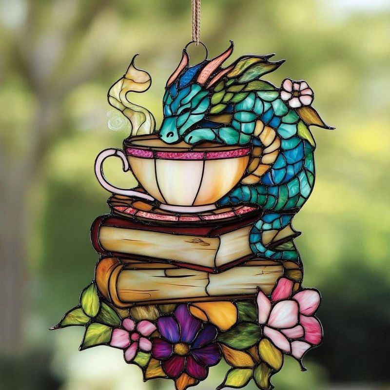 Photo 1 of Acrylic Suncatcher Colorful Window Hanging Ornament Sun Catcher Panel for Home Decor Car Garden Gift Fantasy Dragon Book Tea