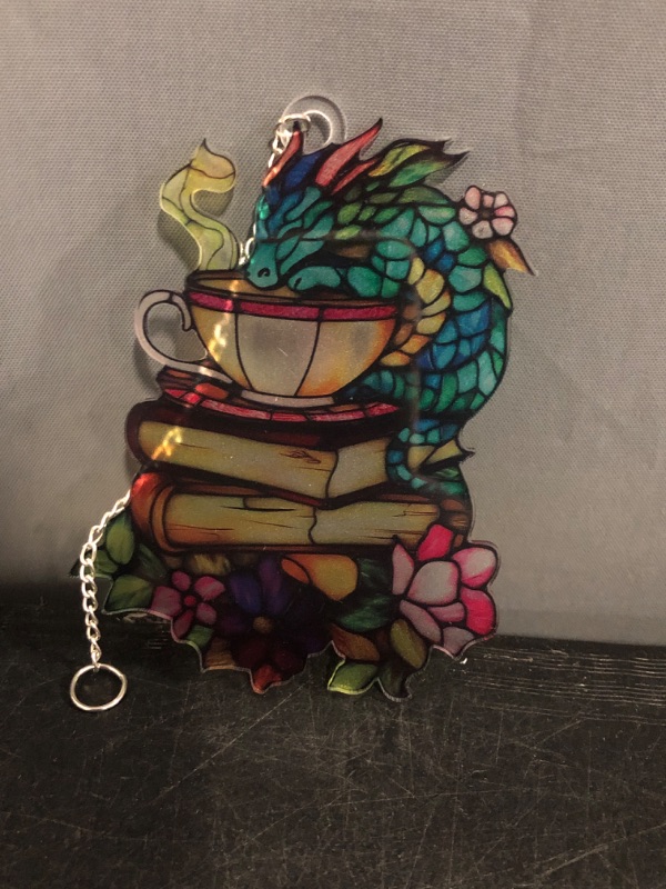 Photo 1 of Acrylic Suncatcher Colorful Window Hanging Ornament Sun Catcher Panel for Home Decor Car Garden Gift Fantasy Dragon Book Tea