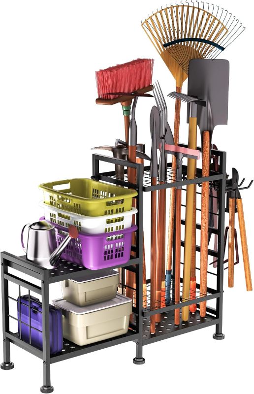Photo 1 of GIOTORENT 5 Tier Garden Tool Organizer, Metal Yard Tools Storage Rack, Garage Storage and Organization, Heavy Duty Garden Tool Organizer for Garage, Yard, Patio, Shed, Indoors and Outdoors, Black